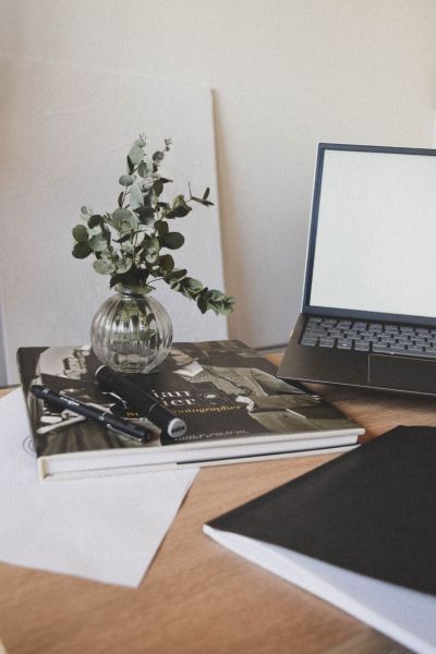 Bureau freelance graphiste avec tableaux, livre d'art et vase